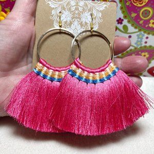 Large Fan Tassel Earrings Pink Hoops Long Smooth Silky Fringe Drop Dangles NWT
